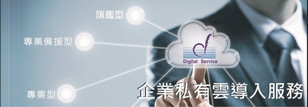 企業私有雲導入服務示意圖，包含專業型、備援型、旗艦型方案