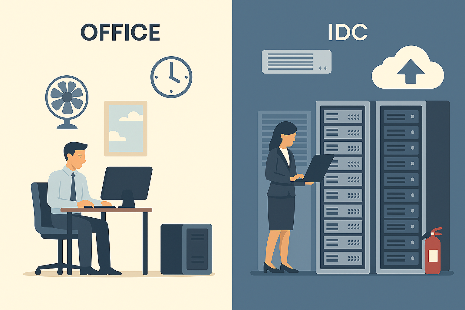 IDC 與辦公室主機放置環境比較示意圖